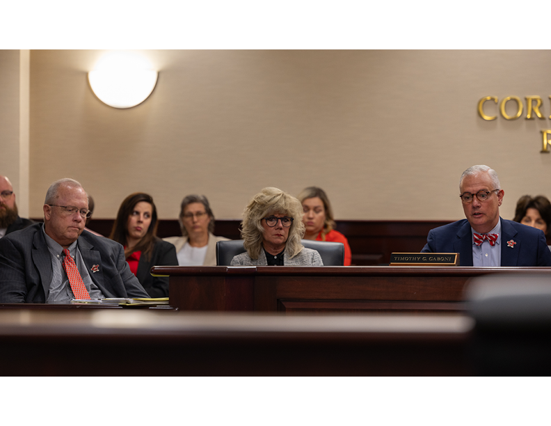 Provost Bud Fischer (left to right), Susan Howarth, executive vice president for strategy, operations and finance, and President Timothy Caboni present the proposed 2024-2025 budget to the regents on June 7 in Jody Richards Hall.