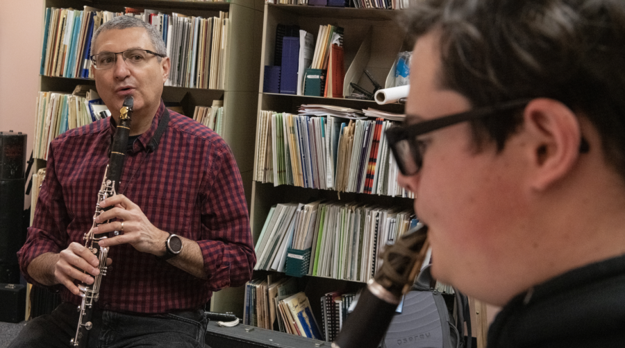 John Cipolla was announced as the university's distinguished professor on Wednesday, April 6. Here, Cipolla holds a one-on-one clarinet lesson with one of his students in his office on Friday afternoon, Jan. 28 of 2022. 