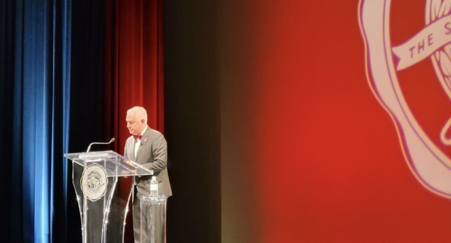 President Timothy Caboni gives his remarks at the 2022 convocation in Van Meter Hall on Monday, Aug. 15.
