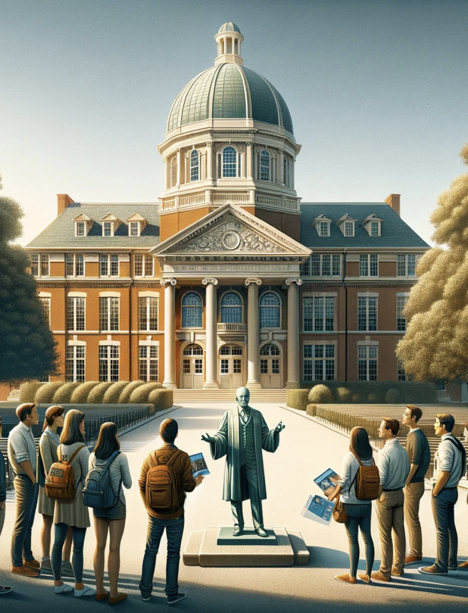 This image was generated with Dall-E using a description of Cherry Hall and tour guides standing around the statue.